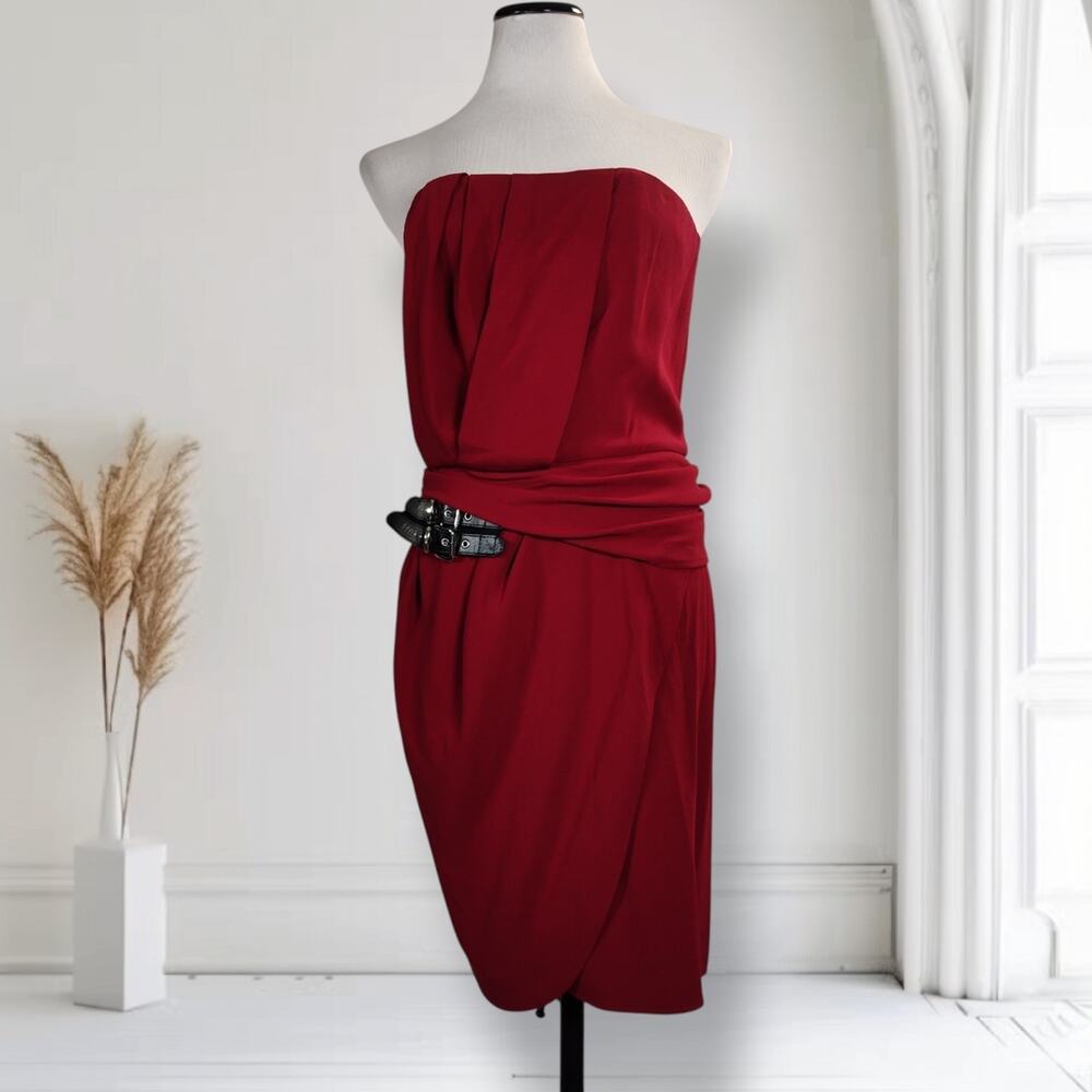 The Kooples Red Strapless Mini Dress L Lambskin Leather Belt Satin Crepe NWT